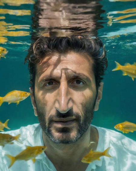 <lora:Fares_Fares:0.8>, portrait front view face close-up handsome (Fares Fares:1.3) age 40 underwater with fishes around him, colorful, sunny, medium-length messy hair, 4k uhd, dslr, soft light, high quality, Fujifilm XT3, natural lighting, 4k uhd, dslr, soft lighting, high quality, Fujifilm XT3