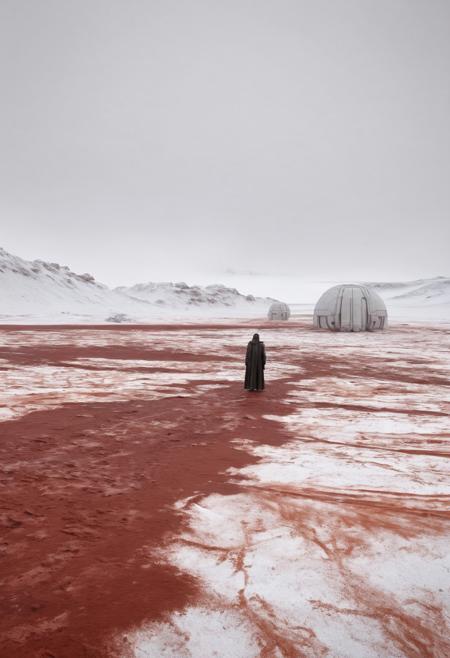 Star Wars-inspired rebel structure on planet Crait, covered with a layer of white salt over its red soil, with a lone futuristic wanderer in the distance, approaching the base from afar, barely visible against the stark landscape