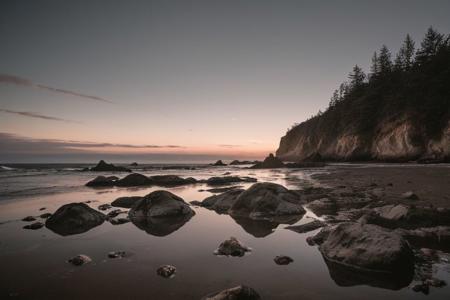 raw photo, a sunset landscape, oregon coast, tide pools, beach, forested cliffs, cozy, photorealistic, high detailed texture, 8k uhd, dslr, soft lighting, high quality, film grain, Fujifilm XT3, Sony A7 IV, highly detailed photography, (muted colors, cinematic, dim colors, soothing tones:1.2), vibrant, insanely detailed, hyperdetailed, (dark shot:1.2), (vsco:0.3), (intricate details:0.9), (hdr, hyperdetailed:1.2) (highest coherency: 1.39) (highest quality: 1.39) (rule-of-thirds) (award-winning) (masterclass) (highest resolution: 1.39)