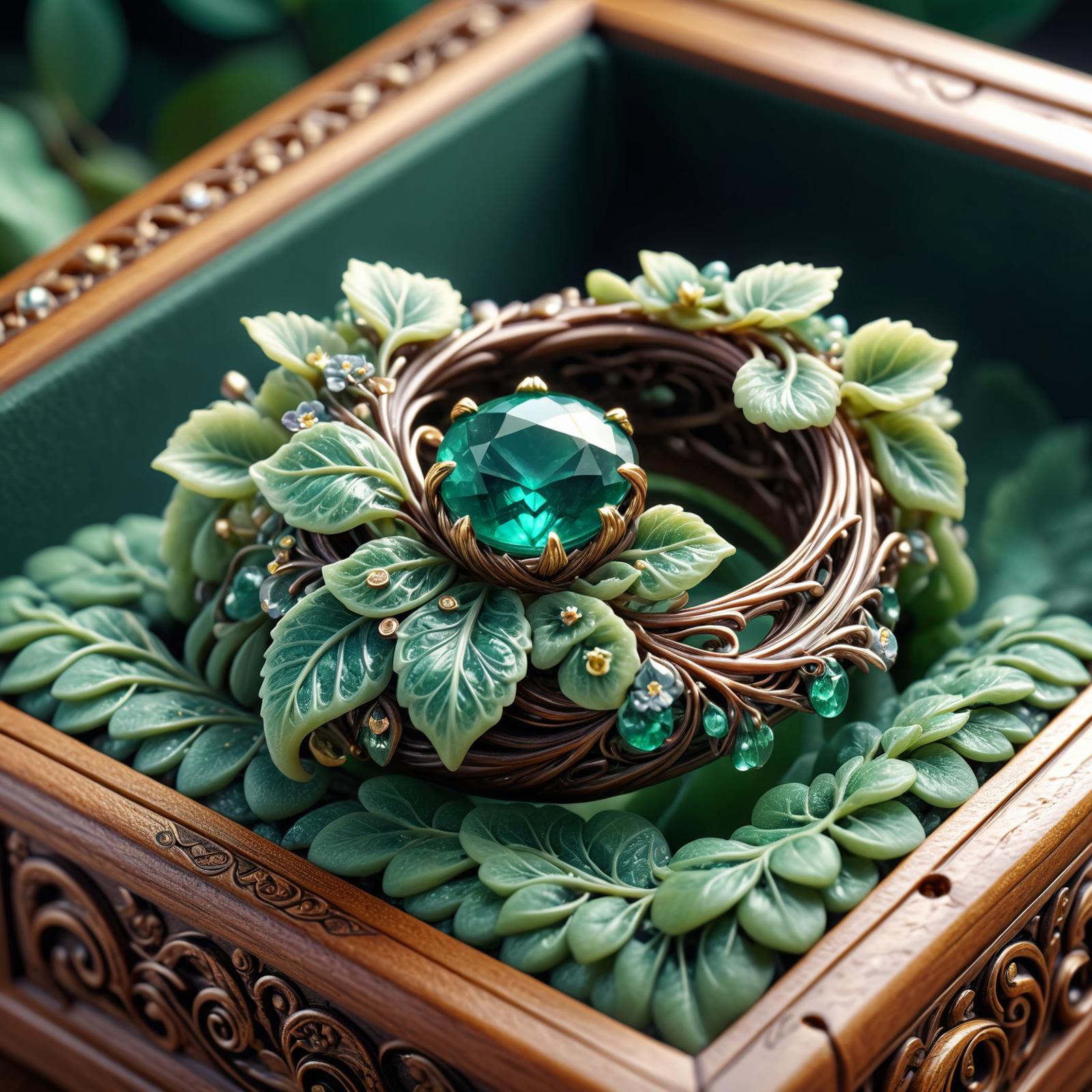 A green ring with leaves and a green gemstone on top of a green plant in a wooden box.