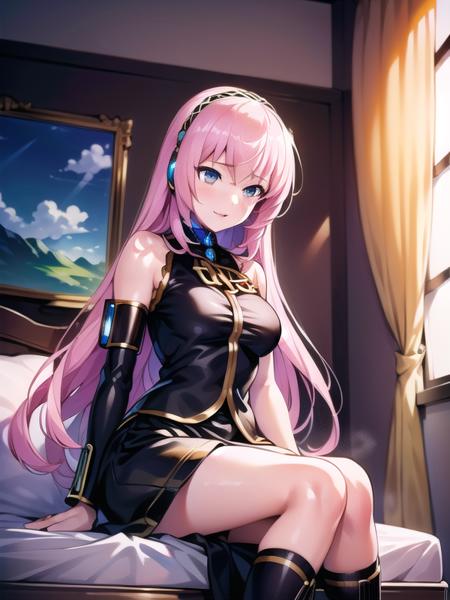 (hyper extreme detailed:0.8),(masterpeace),(hyper extreme),(photorealistic),CG,(colour:1.2), beautiful lighting,light from the front,official art, solo,1girl,sitting,indoor,hotel room, <lora:megurine_luka:1>,megurine luka, pink hair, blue eyes, long hair, storate hair,black dress, sleeveless, detached sleeves,long skirt, sidelocks,