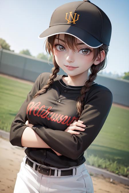 (masterpiece, best quality:1.2), <lora:bigwindup_momoe-10:1>, cowboy shot, solo, 1girl, momoe marie, smile, looking at viewer, crossed arms, baseball cap, baseball uniform, baseball field