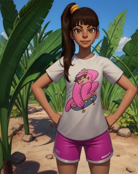 ally, side ponytail,  black hair, brown eyes,  smile,  smug,  hands on hips, 
white shirt, pink shorts, 
standing, upper body,
backyard, giant leaf,  
(insanely detailed, beautiful detailed face,beautiful detailed eyes, masterpiece, best quality)  solo,
 <lora:hoops-10v6:0.7>