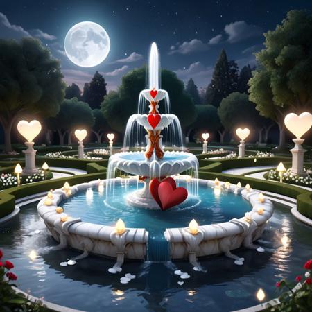 A grand fountain in the middle of a serene garden, constructed from countless hearts made of marble, water, and crystal. Water flows from the top, creating streams and droplets in the shape of tiny hearts, while the moonlight glistens off the crystal and water hearts, creating a magical, calming atmosphere.