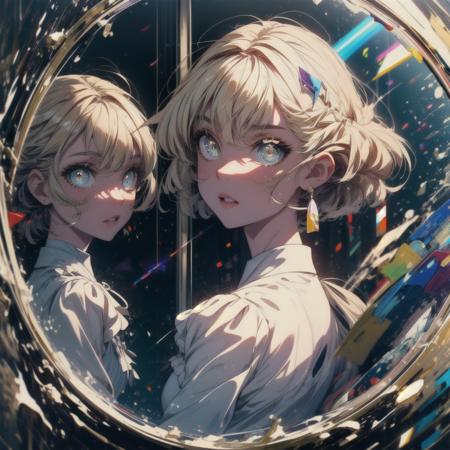 (best quality, masterpiece), 1girl, looking at viewer, blurry background, upper body, contemporary, dress, unreal engine eyes, cgi eyes, blurry eyes, perfect round pupil, perfect round iris, (line art:), blonde, short hair, white dress, (oil painted), abstract, fleckes, (eyes with reflection), eyes with light reflection, light particles, sun sunshine, round mirror in her room, amazed, looking at herself in the mirror, time line, time paradox, (abstract:1.2), <lora:add_detail:1>, <lora:眼睛双:1>