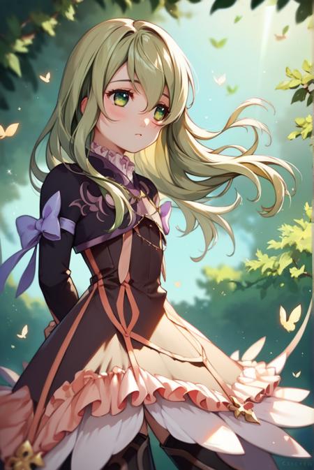 elize lutus, green hair, green eyes, long hair, dress, frills, ribbon, knee boots,   elize lutus, school uniform, white beret, twintails, light green hair, green eyes, pink bow, white blazer, pleated skirt, purple plaid skirt, white tights,  black shirt, long sleeves,