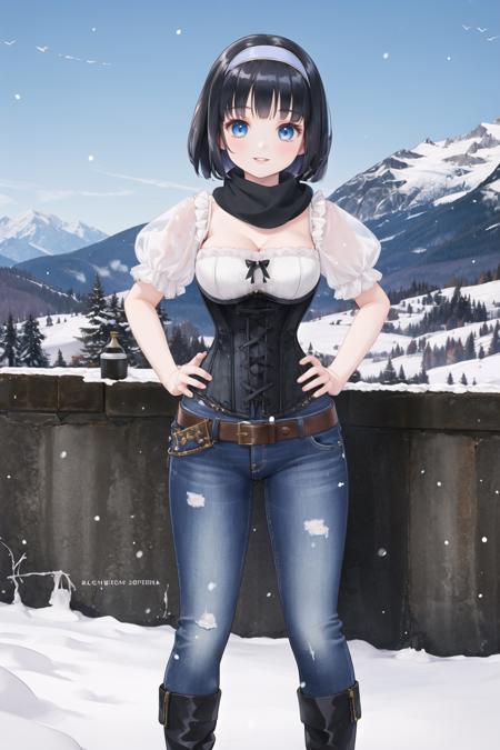 <lora:puffcorset-10:0.6>, (puffy sleeve corset), 1girl, outdoors, mountain, bob cut, standing, hands on hips, belt, jeans, lips, smile, black hair, blue eyes, medium breasts, hairband, scarf, snow