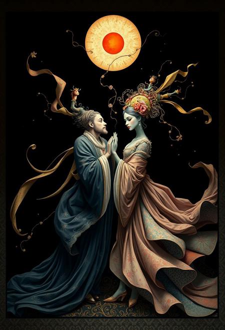 Creative light art: intense jet black, whimsical pop-surrealist figures in baroque style, dynamic composition, soft chiaroscuro lighting, flowing drapery, ukiyo-e textures, rich earthy and pastel palette, artistic lighting, abstract patterns, deep shadows.