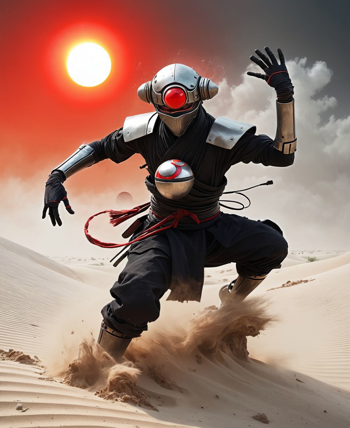 Capture the essence of a weathered, worn-out cyborg ninja amidst a swirling dust and electricity storm. Bent forward, obsc...
