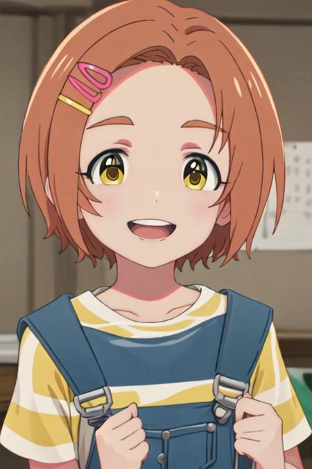 ryuzaki_kaoru_theidolmastercinderellagirlsu149 short_hair, hair_ornament, hairclip, orange_hair, brown_hair, yellow_eyes, smile, upper_body, open_mouth