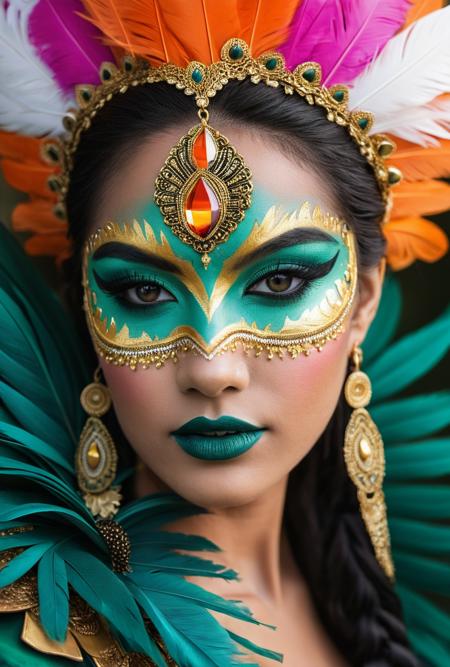 A close-up portrait of a person with a striking and intricate face painting. The subject's eyes are a striking shade of green, and their eyelashes are painted with gold and turquoise. To the left of the eyes is a black and gold mask with intricate patterns and designs. The mask features vibrant orange and white feather-like patterns. The person's lips are painted a soft pink. The background is a muted green, contrasting with the subject's makeup. The image style is dramatic and evocative, emphasizing the beauty and craftsmanship of the subject.