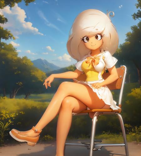 ongezellig_style, 1girl, coco_ongezellig, yellow skin, blonde hair, white skirt, yellow sweeter, white apron, brown eyes, sitting, chair, crossed legs, smile, <lora:cocoLora-10:1.2>