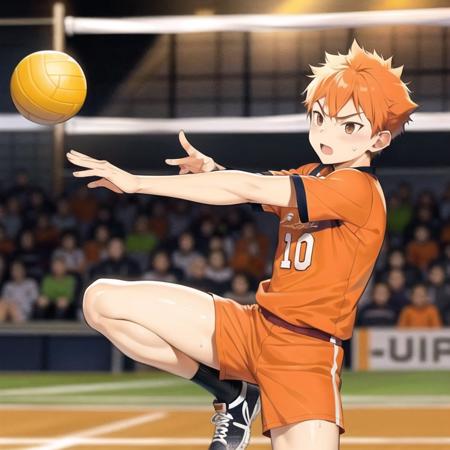 <lora:Shoyo Hinata:0.6>,Shoyo Hinata,ultra detailed face,1boy,playing voleyball,spiking the ball in air,over the net,jumping,short orange hair,volleyball outfit,angry look,side view,closed mouth,short neck,pointy chin,cat eyes,full body,receving the ball with his hands,crow fethers behind him falling down,jumping in the air