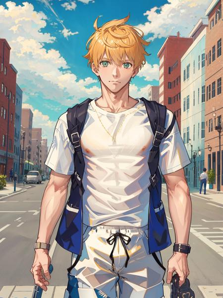 arthur pendragon (fate),upper body,white shirt,sport pants,1boy,street,masterpiece, best quality,  <lora:jiujian-v2-000008:1>