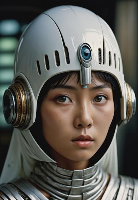 35mm photo by Steve McCurry, futuristic future setting, japanese woman, stunning asian woman, ultra-detailed skin, detailed eyes with intricate pupils, advanced futuristic clothing, intense and captivating expression, top-quality resolution