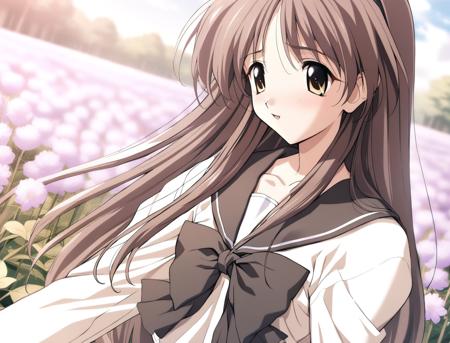 1girl,ayaka hizuki,memories off, school uniform, hairband, black collar with a white stripe, black bowtie on the chest, solo, masterpiece, best quality, game cg,flower field,  <lora:12Glora:1>