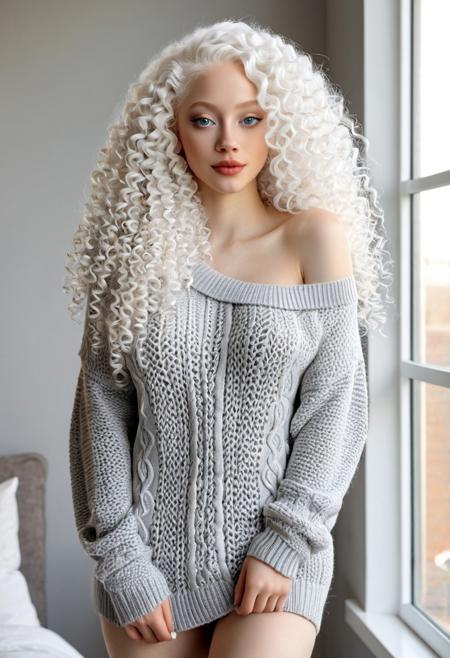 (masterpiece), (ultra-realistic), (8k), ¾ body shot, 18-year-old (albino:1.5) Brazilian mestiza woman, diamond-shaped face, (big gray eyes:1.8), (freckles:0.5), (full lips:1.2), (waist long white hair), (curly hair:1.7), slim, long legs, (large breasts:1.1), wearing an oversized knitted sweater that slips off one shoulder, no pants, standing indoors near a large window, back to the camera, looking over her shoulder out the window, hair glowing softly in morning light, cozy and intimate editorial feel
