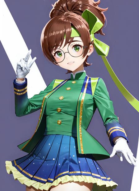 masterpiece, best quality, ultra-detailed, illustration, <lora:yuzuriha_maimai-v24:0.9>, 1girl, solo, maimaiidol, brown hair, medium hair, thick eyebrows, green eyes, high ponytail, hair tie, glasses, round eyewear, green headband, green ribbon, green bow, gradient clothes, green jacket, long sleeves, open jacket, green shirt, buttons, white gloves, pleated skirt, blue skirt, frilled skirt, cowboy shot