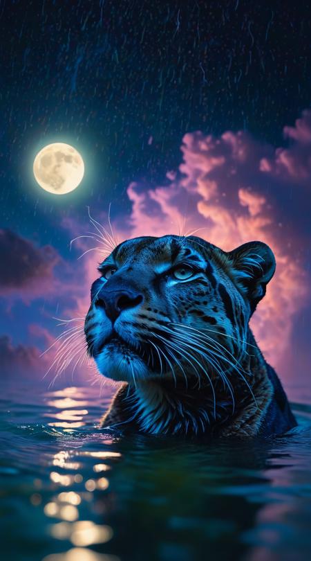 Lightning-prowled panthers, singing a haunting melody, Soft diffused light, rainy with heavy downpours, ethereal pastels in twilight, underwater submerged angle, three-quarter length shot, pop art vibrant imagery, knitted woolen loops, moon glow diffusing light, spiraling focal point, long dramatic shadows.
