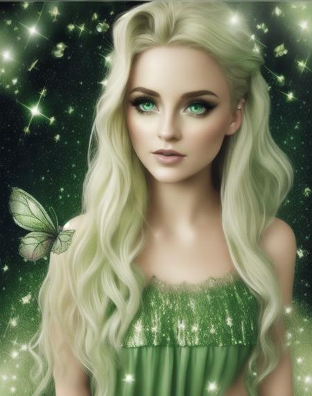 FairyG, masterpiece, glitter, dramatic, dreamy, best quality, woman, wing,  fairy, eyes green, blonde hair, dress Green , shirt,  lowres, Portrait, digital painting, (Cinematic Photo:1.3) of (Realistic:1.3),(Amusing:1.3) chibi, constellation, best quality, movie still  <lora:Fairy Green:1.9>