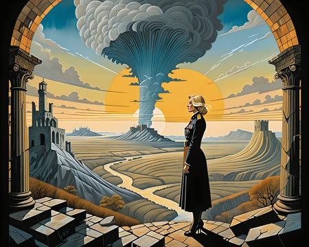 Fit, thigh gap, skirt, detailed hair, mullet haircut, blonde hair,Amid the ruins of a once-majestic fortress, a soldier pauses, her silhouette ghostly against the backdrop of shifting terrains that oscillate between detailed battle maps and molten landscapes, Tornado, Barren trees, Menacing,,((art by Vladimir Kush)),Radial balance, Sunrise, Water, Ellipse, ultra detailed, intricate,,art by Adrian Tomine