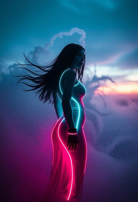 (Soft Lighting Photography by Mimoza Veliu and Mario Giacomelli:1.4),NSFW, neon dress, neon_outlines, 1 girl, (wind:1.3), full body, long hair, A futuristic woman, her silhouette defined by vibrant neon lines, stands amidst a swirling storm. Her eyes, filled with intense emotion, gaze towards a distant horizon. The scene captures a poignant moment of farewell, framed in a cinematic style. The atmosphere is charged with the electric buzz of the future, yet tinged with the melancholy of memories fading into the past., glove, dynamic poses, sexy