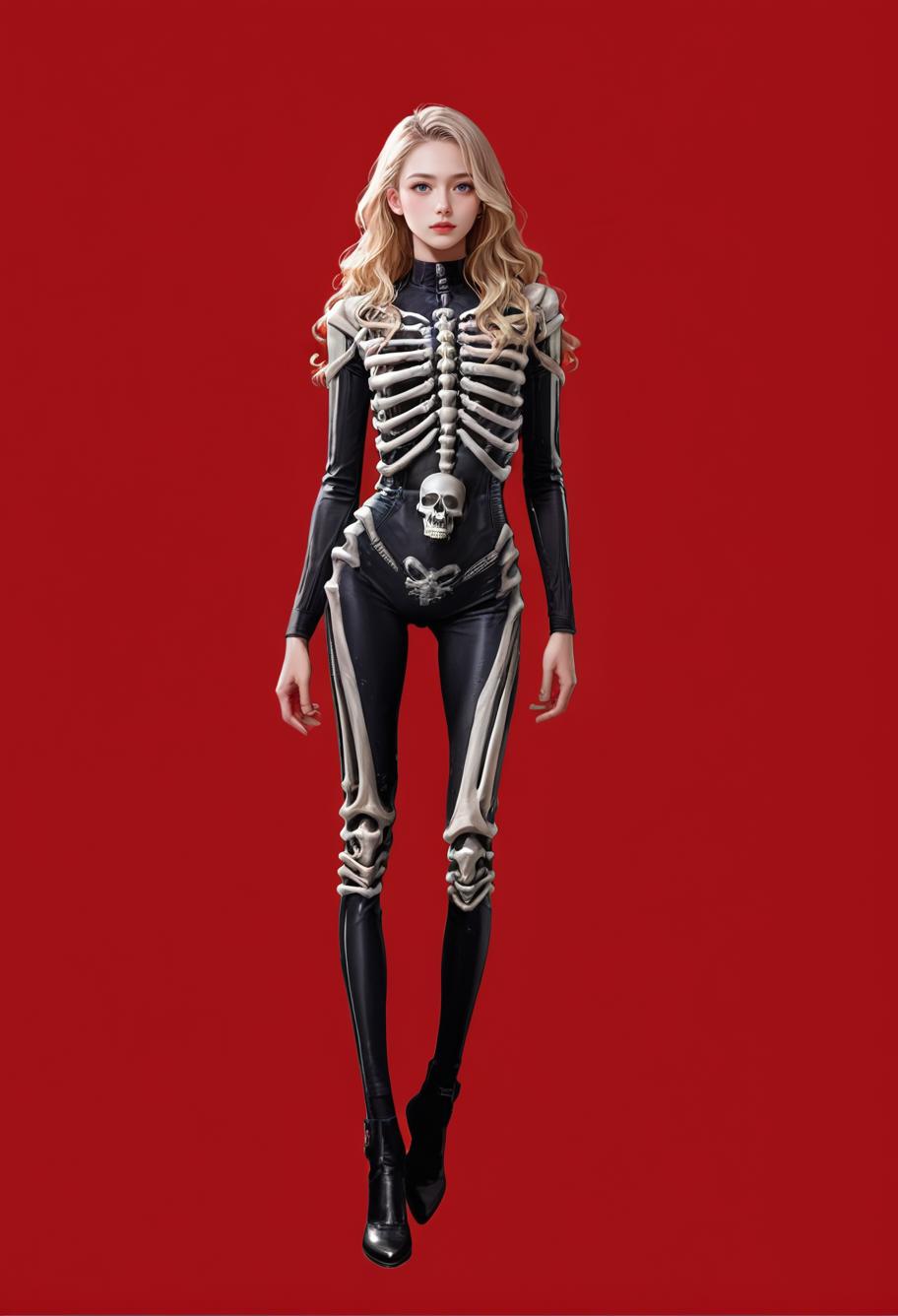 1girl,red background,,ruanyi1917,bodysuit,skeleton,ribs,full body,<lora:1917 skeleton jumpsuit_v1_pony:1>, score_9,score_8_up,score_7_up,,8k,1girl,solo,,, blonde hair,long hair,wavy hair,