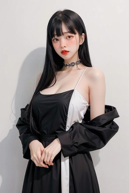 1girl, hair with bangs, black formal long dress, white background, <lora:Fon_Pattaraporn-02:1>