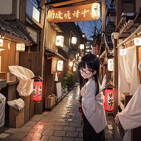 best quality, ultra-detailed, illustration,
1girl, glasses, solo, black hair, long hair, smile, looking at viewer, upper body, face focus,
scenery, lantern, paper lantern, outdoors, building, sky, architecture, road, east asian architecture, japanese clothes, sign, street, city, power lines, pavement, night
 <lora:houzenji_yokocho_SD15_V1:0.8>