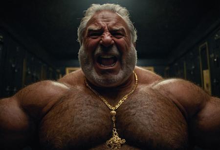 (photo, realistic, raw), (nighttime, at night, dark, dark hard shadows, cinematic atmosphere, movie grain, hazey atmosphere), closeup from below, ( dumb brute, etherial, spiritual, emperor, king, god), old burly buff gentleman, old manly mature man, combed back hair,  doublechin, old hairy tanned grandpa, wrinkly neck, hairy chest, proud big hairy chest, thick neck, hairy armpits, tanned skin, tight golden spandex, gold jewellery, gold necklace, in a dark locker room at night, nighttime, arrogant disgusted disappointed smile, intimite situation, romantic atmosphere, stern, serious, angry, sad expression,