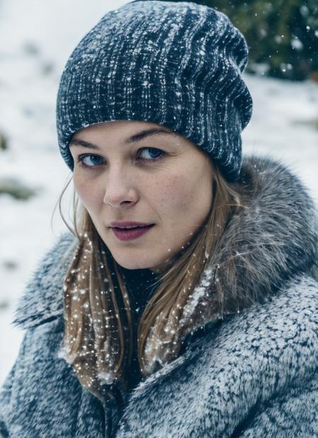 analog style, modelshoot style, RAW photo of a sks woman, sitting in outdoor car ,winter ,snowy , ((wearing cap)), (detailed face), grunge, ((visual kai)),  ((full body)), (high detailed skin:1.2), 8k uhd, dslr, soft lighting, high quality, film grain, Fujifilm XT3, <lora:locon_rosamund_v1_from_v1_64_32:1.3>