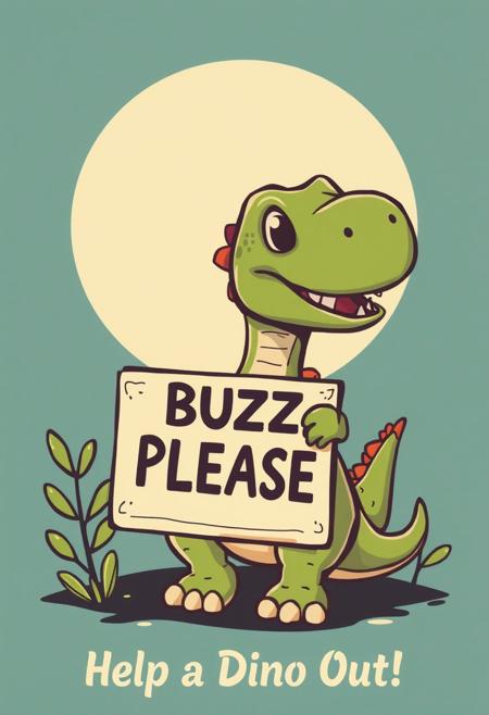 Vintage retro cartoon poster design, A cute dinosaur holding a sign: “BUZZ PLEASE”, the poster text says: 
“Help a Dino Out!”