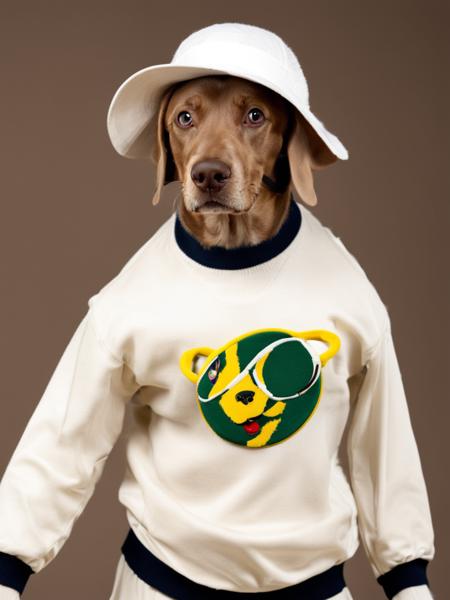 a dog with tennis outfit, embroidered designs,  <lora:William_Wegman:1>