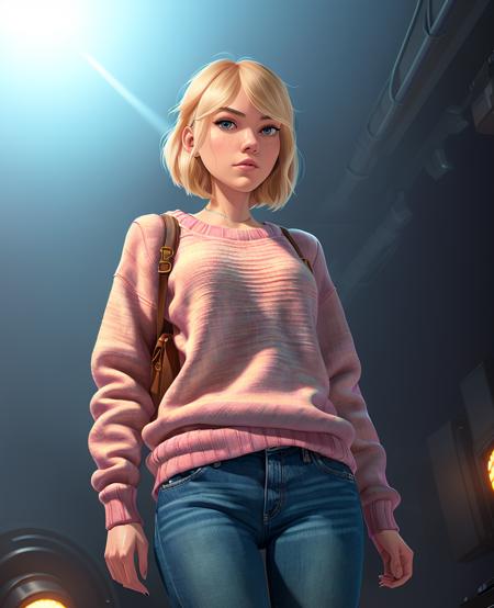 (Gwen Stacy:1.1), ultra-detailed, illustration, high contrast, a woman standing on stage, stage lights, (jeans, baggy pink knit sweater:1.1), looking at viewer, bright lights, atmospheric, dust, volumetric fog, (subsurface scattering:1.1), light particles, backlighting, solo, (waist up:1.2), from below, (worms eye view:1.1), depth of field, blurry background