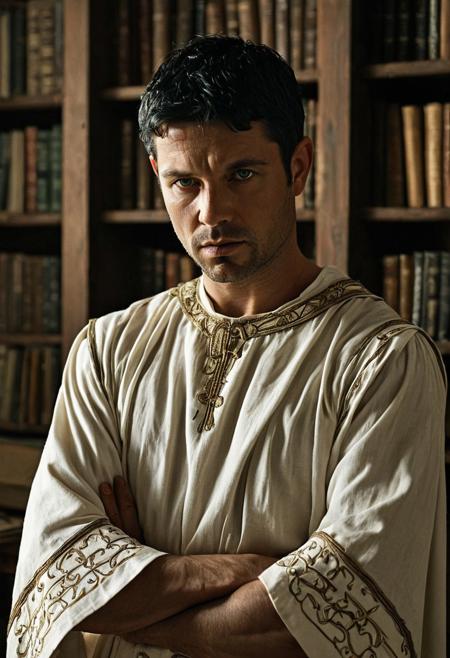 masterpiece,best quality, highly detailed,  dramatic, 1boy, solo, cowboy shot, realistic,  semi-realism, mature male, 30yo, short black hair, green eyes, wearing white ancient roman tunic, medieval clothing, defiant expression, bookshelf with parchments and books in background, looking at viewer, full upper body, film photography, dramatic lighting, depth of field, sunlight