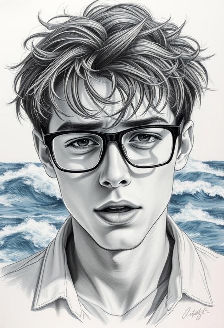 Hyperrealistic art, art sketchbook canvas, pencil drawing, BREAK Portrait, handsome young man, wearing glasses, hair disheveled, raging ocean in the background