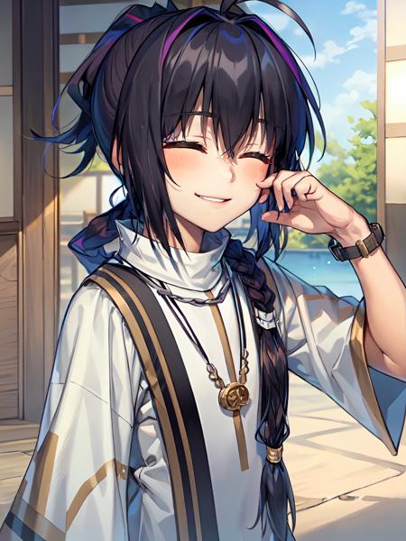 SaberTakeru SaberTakeru,sandals,bracelet,brown eyes,single braid, ponytail,black pants,short hair,pants,hair between eyes,japanese clothes,necklace,braid, ahoge,1boy,male focus,bangs,black hair,long hair,