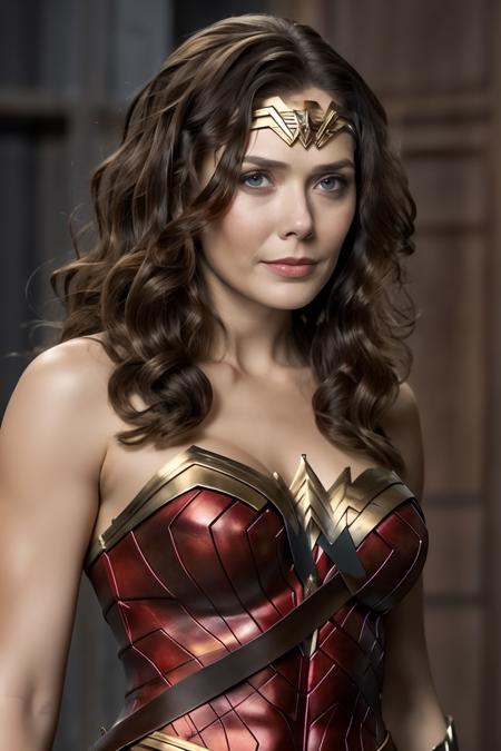 best quality, 1girl, solo, breasts, elizabeth_olsen, wonder woman, long hair,  looking to the side , upper body, black hair,  brown eyes,  <lora:ww_v1:0.6:DEFACE>,  <lora:elizabeth_olsen_v3:0.6:FACE>,