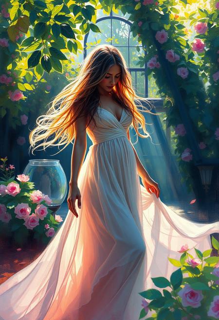 A mysterious, otherworldly figure, 
Vibrant Impressionist brushwork, with dappled light and lush color application.
Outdoor garden settings, often featuring women in flowing dresses bathed in sunlight.
Playful, dynamic light effects, where sunlight filters through leaves, fabric, and water.
Lush, floral backdrops, enhancing the dreamlike, idyllic atmosphere.