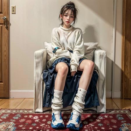 (best quality, masterpiece), shiny body,  shiny skin,
an image of a girl wearing sweater sitting on a chair,  (wearing loose socks, white, red), skirt, 1girl, lower body, sneakers, solo, sitting, skirt,  carpet,loose socks, heaps socks,
<lora:flat2:-1> <lora:heaps_socks_16:0.8>