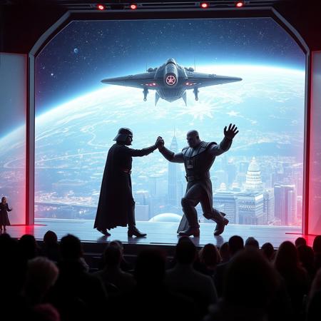immaculately detailed realistic ultra quality image focused on Darth Vader (Star Wars) and Thanos (Avengers) engaged in a duel on a futuristic stage micro-LED lighted, behind the dancer on the stage is an enormous seamless and futuristic wall to wall and floor to ceiling window that looks out at a the planet's surface covered with the lights of enormous buildings and cities, An enormous deco starship with futuristic lighting and an enormous space station are visible in the background among the stars, Artistic art deco, dynamic perspective, (((overall architectural aesthetic is Art Deco Cyberpunk))).  Epic image that elicits a feeling of romanticism, wonder, and awe, the silhouette of the audience can be seen in the foreground that show the enormous scale of the stage and seamless window behind it,