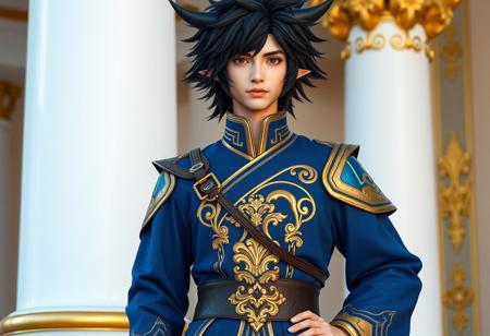 A high-resolution, 4K full body photographic portrait of a male cosplayer embodying a Fire Emblem: Awakening character. He wears a detailed blue and gold outfit with intricate textures and a black wig featuring sharp, pointed ears. He stands confidently with his left hand on his hip and his right hand on his thigh, positioned in front of a white pillar with ornate gold accents. The image boasts Exceptional Quality, More Detail, Lifelike Details, Super Detailed Face and Eyes and Clothes, Handcrafted with Precision, High Quality, Sharp Lines, Stunning Colors, Harmonious Colors, Multi Colored, Contemporary Aesthetics, Beautiful Matte Painting elements, Impeccable Composition, Creative Angle, Attractive Background, Balanced Editing, Intentional Focus, Well-timed Moment, subtle Isometric perspective, Captivating Lighting highlighting the costume and face, rendered with Octane Render and Unreal Engine 5. The image conveys Vivid Emotions and a Joyful Impact, aiming for a Powerful Message. Includes Beautiful Detailed Eyes. This is a masterpiece suitable for CGSociety and Artstation Trending on ArtstationHQ, following the Golden Ratio, subtly incorporating Grammer Effect Style, Splash Ink Illustration, Raphael Style, and Houdini Style.