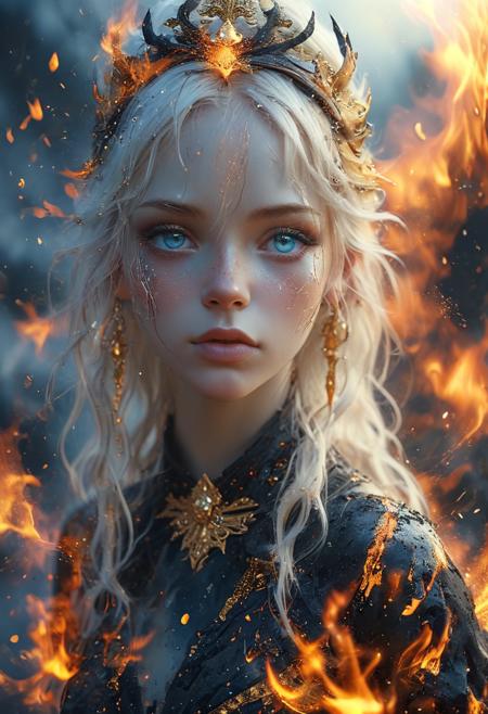 A beautiful young adult goddess transformed into a fire elemental., jewellery, intricate details, ((wearing a shiny thick gold crown)), Her entire form is made of flames and sparks, with fiery white hair that flows like a cascade of burning embers. ((Her eyes are blue with heterochromia)), large and expressive, glowing with an intense, ethereal light. Her skin is composed of flickering fire, with patterns of glowing embers and sparks. (((She wears an outfit that appears to be made of burning charcoal))), shimmering and radiating heat. The background is an inferno of swirling fire and ash, creating a powerful and enchanting atmosphere. 