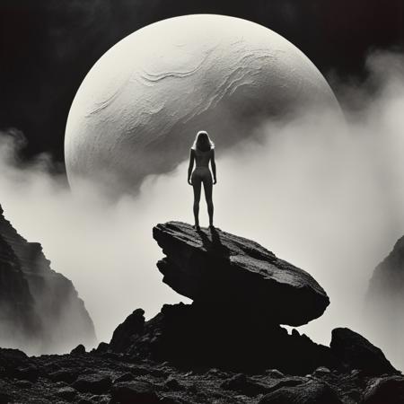 masterpiece, ultra-detailed, realistic, 1980s sci-fi movie style, ((vintage film look:1.2)), ((white female figure:1.3)) standing prominently, taking up two-thirds of the composition, on a (rugged rock formation:1.1) against a (dark cosmic vacuum:1.1), minimal stars, (large textured planet:1.1) partially obscured by (grainy mist:1.2), (high contrast:1.2), hues of red, white, and black, (retro aesthetic:1.2), (slightly faded:1.1), (grainy texture:1.2), (cinematic lighting:1.4)