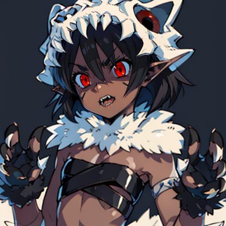 Shaman,  red eyes,short black hair, pointy ears, dark-skinned female, flat chest,menacing look, crazy face,
Sattire, thighhighs, midriff,  bandeau,  gloves, claws, fur trim, loincloth,animal skull, chest straps,
swamp,
(insanely detailed, beautiful detailed face, masterpiece, best quality) <lora:Shaman-09:0.8> <lora:Crazy_ExpressionsV2:0.5>