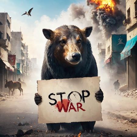 creative bio poster, animal, ruin city, smoke, damage, GAZA street, Holding up a piece of paper that says "Stop war"