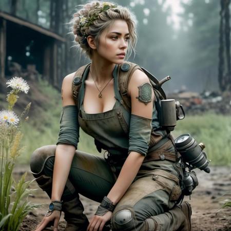 (Highest Quality, 4k, masterpiece, Amazing Details:1.1), kneeling, (forrest|fantasy), ((((post apocalyptic mechanic woman)))), thin eyebrows, wavy short hair with flower hair ornament, ((aquarell:1.2)), (full body)