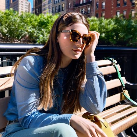 <lora:milliebrady_resized_256_bf16:1> milliebrady a fashion photo sitting on a new york bench taking in the sun, posing, 8k uhd, dslr, soft lighting, high quality, film grain, Fujifilm XT3