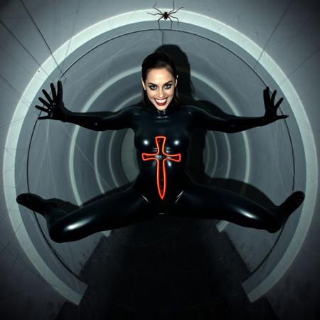 In a dark white round circular tunnel with walls covered in spiderweb, a stunning grinning woman is in air with her hands and feet on the walls, her slicked-back hair and goth-inspired makeup adding an air of mystique. She's encased in a black latex suit, her legs spread wide as she navigates the dense, there are spiderwebs infront and behind her. A striking  glowingred cross is painted on her belly. The tunnel's walls and floor are shrouded in an impenetrable veil of cobweb, blocking out most of the light and casting an ominous glow.