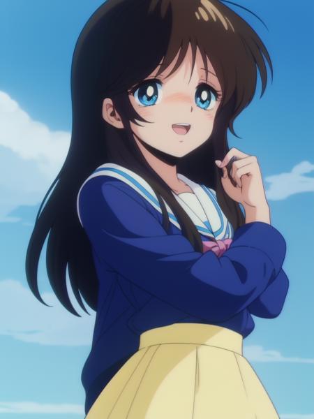 <lora:NonomuraAmi_BeMybaby_Ver2:0.8>NonomuraAmi, 1girl, soro, long_hair, black_brown_hair,  blue_eyes,  bangs,  long sleeve, skirt, cowboy Shot, smile, blush, blue sky, open mouth,
masterpiece, high quality, very_high_resolution, large_filesize, full color, 1980s \(style\), anime, anime_screencap, animated gif, mp4 ,video, animated,